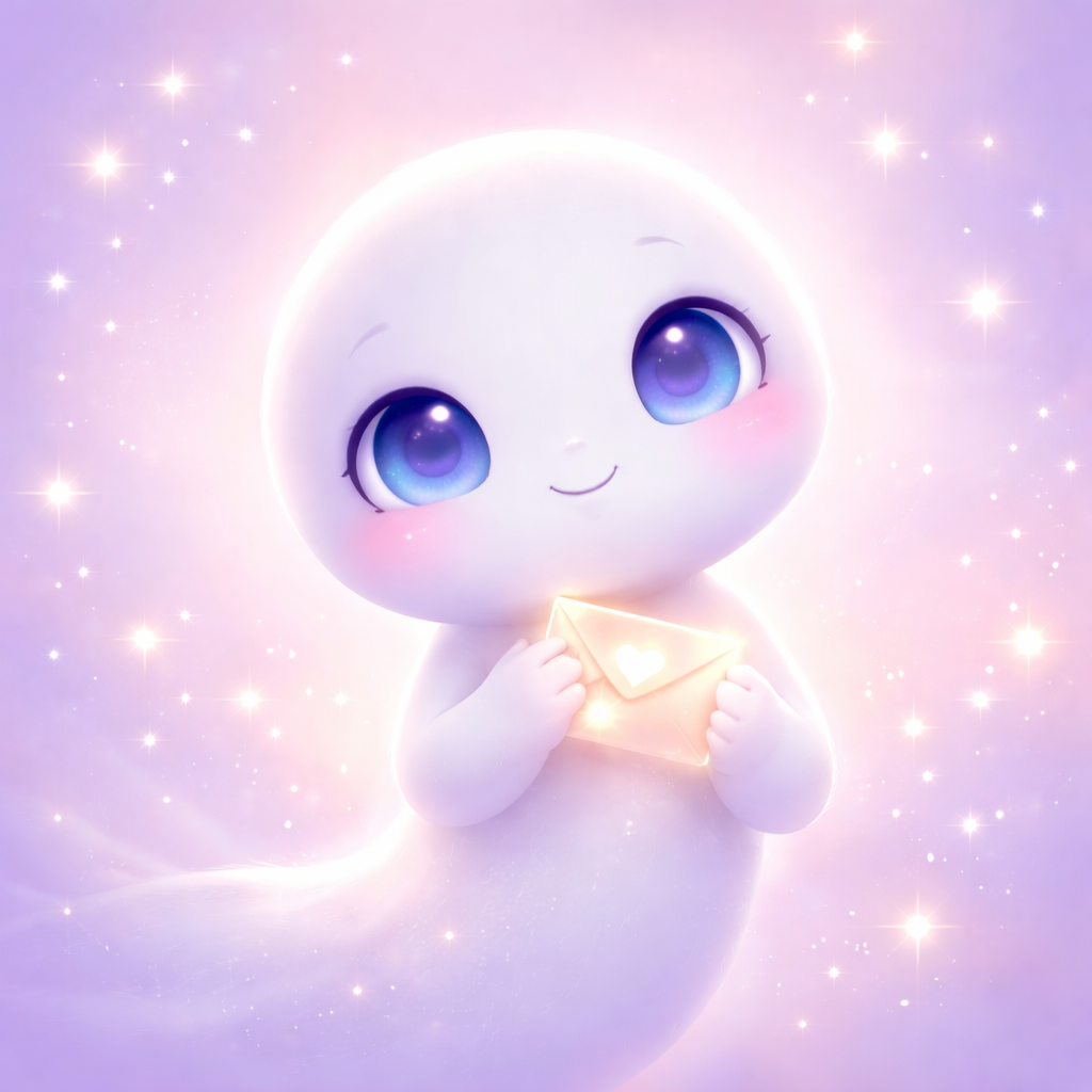 Illustration douce d’un petit personnage lumineux tenant une enveloppe en forme de lettre contre son cœur, symbole d’infolettre et d’accompagnement du deuil, dans un univers pastel violet et rose.